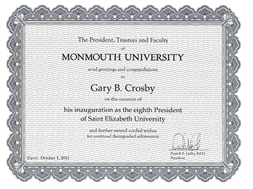 Greetings for SEU President Crosby from Monmouth University